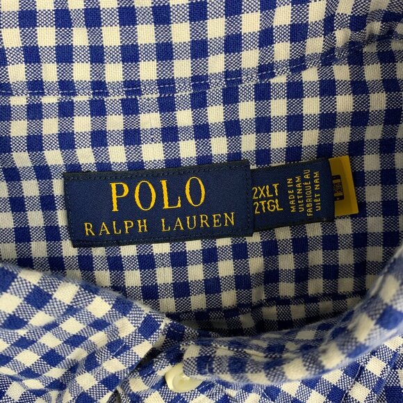 Ralph Lauren Polo Mens Shirt 2XLT Blue White Check Plaid Button Up Flesh Pony - Picture 4 of 8